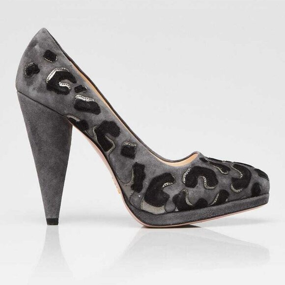 Prada Grey Suede Leopard Print Pumps Size 5/35.5 - Picture 3 of 4